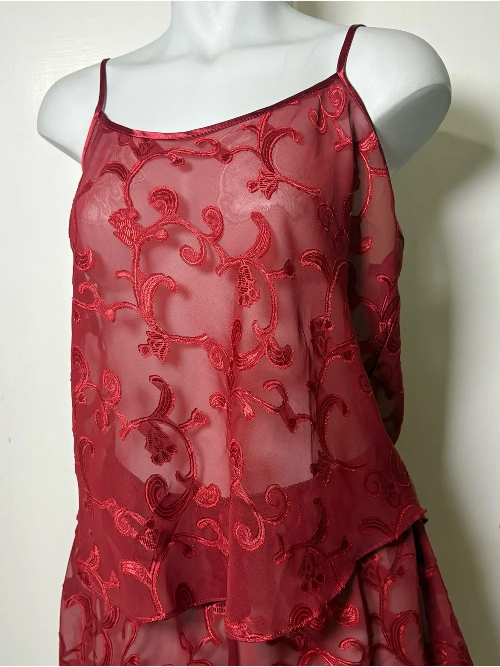 Vintage 90s Gilligan & O’Malley Red Sheer Pajama Lounge Set Tank and Shorts Set
